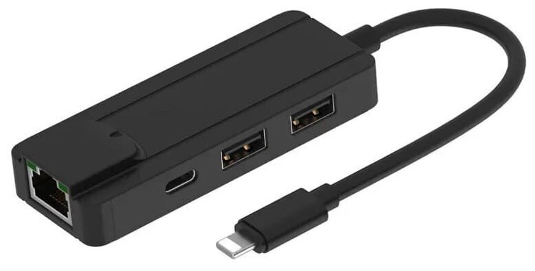Разветвитель адаптер переходник Lightning HUB Хаб Fixtor OT-75002 2 порта USB+PD+RJ45 Ethernet черный