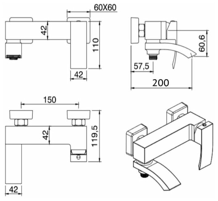 Смеситель для ванны Grocenberg GB8007NK никель — фото 1