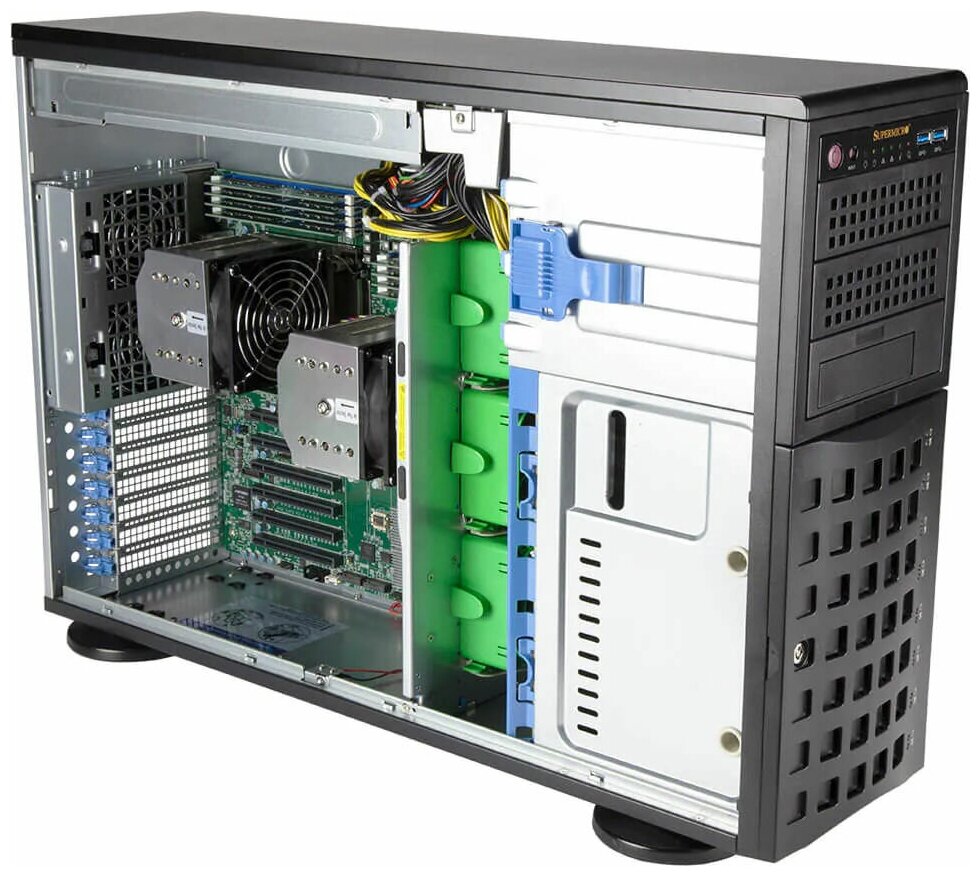 Шасси серверное NEW Supermicro Super Workstation 4U Tower 740A-T no CPU(2)Scalable/TDP 270W/ no DIMM(16)/SATARAID HDD(8)LFF/3x5,25/2x1GbE/6xFHHL,M2/1200W (SYS-740A-T) - фото №1