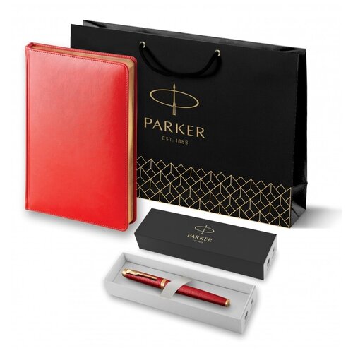 роллер parker im premium red gt черный в подарочной уп китай 2143647 Подарочный набор: Ручка роллер Parker IM Premium T318 Red GT, цвет чернил черный и красный недатированный ежедневник с золотым срезом