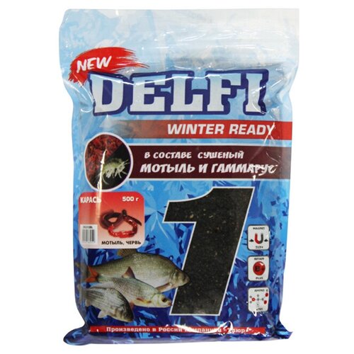 prikormka delfi zimnyaya ice ready uvlazhnennaya lesh plotva 1 Прикормка зимняя увлажненная DELFI ICE Ready (карась; мотыль + червь, черная, 500 г)