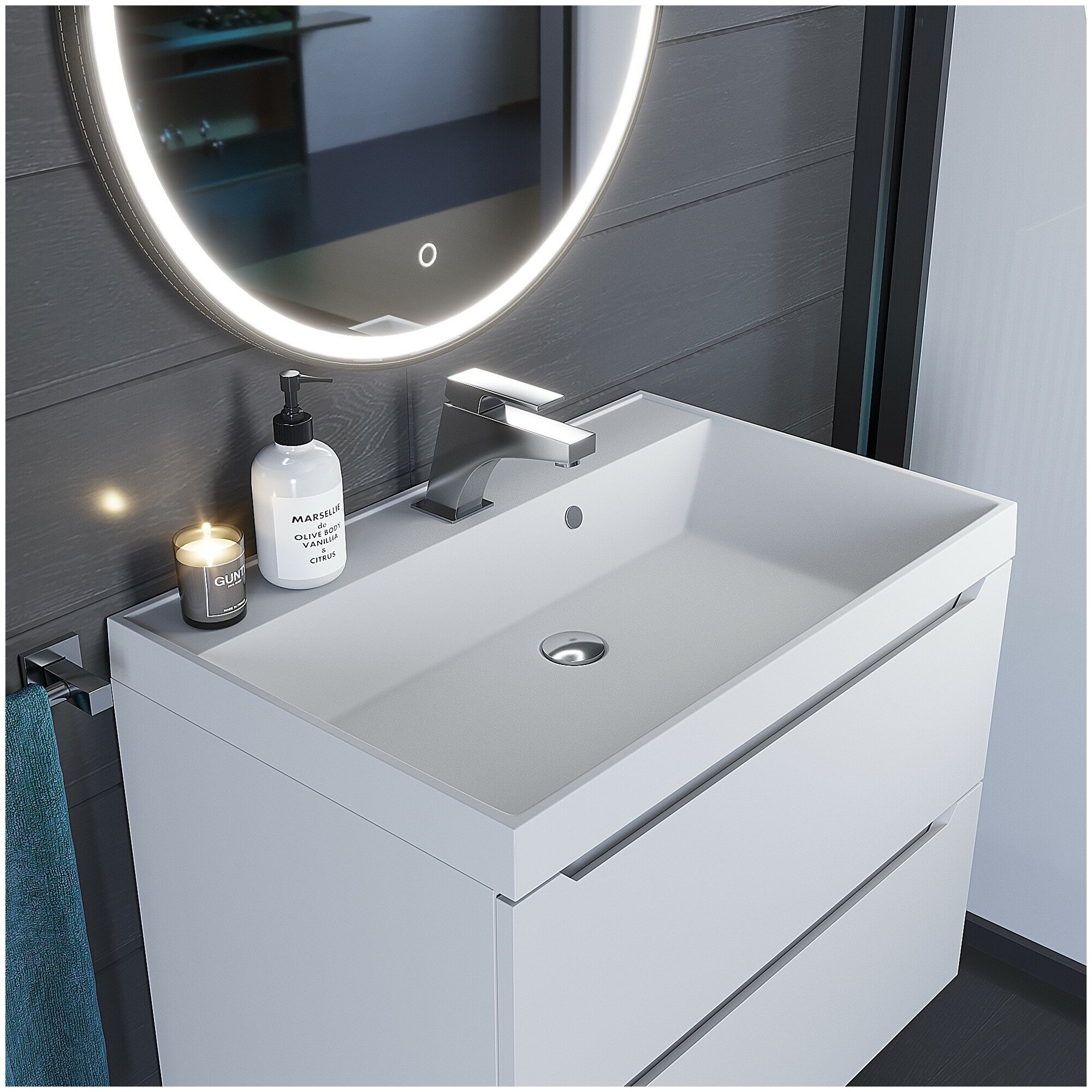 Раковина кварцевая для ванной комнаты Uperwood Classic Quartz 70 см, белая матовая, жасмин