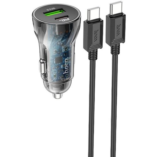 Блок питания автомобильный 1 USB 3.0, Type-C HOCO Z47A, Transparent discovery edition, 30Вт, QC3.0, PD, кабель Type-C-Type-C, цвет: чёрный автомобильное зарядное устройство с pd30w qc 3 0 hoco z47a кабель type c to iphone blue