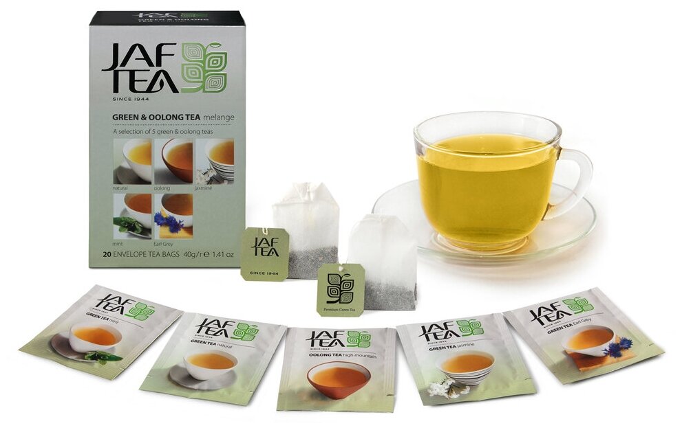 Чай зелёный JAF TEA Green & Oolong melange чай зеленый 20 пак. в конвертиках, Ассорти 5 видов - фотография № 4