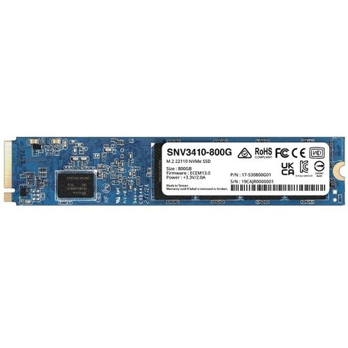 SSD SYNOLOGY 800Гб M.2 Наличие PCIE NVMe Скорость записи 750 Мб/сек. Скорость чтения 3100 Мб/сек. 2.2mm TBW 1022 Тб Время наработки на отказ 1800000 ч