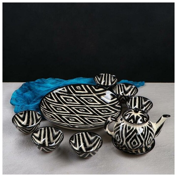 фото Набор чайный Риштанская керамика "Атлас", 9 предметов (чайник-0,8л, пиалы- 0,3)