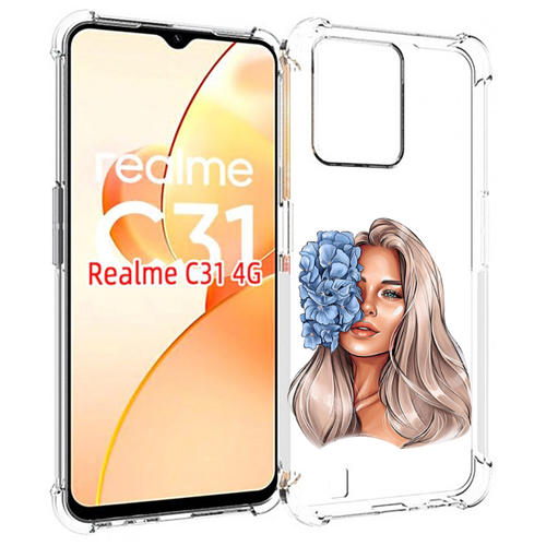 Чехол MyPads блондинка-с-голубыми-цветами женский для OPPO Realme C31 задняя-панель-накладка-бампер