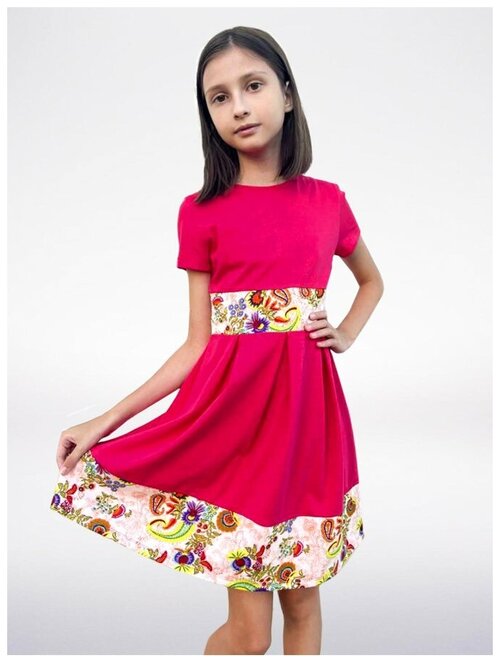 Платье радуга дети, хлопок, флористический принт, размер 34/134, красный
