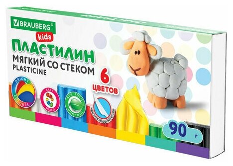 Пластилин мягкий восковой BRAUBERG KIDS 6 цветов 90 г со стеком, 15 шт