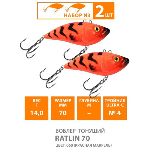 Воблер для рыбалки тонущий AQUA Ratlin 70mm 14g цвет 060 2шт воблер для рыбалки aqua ratlin 70mm вес 14 0g цвет 060 красная макрель 1 штука