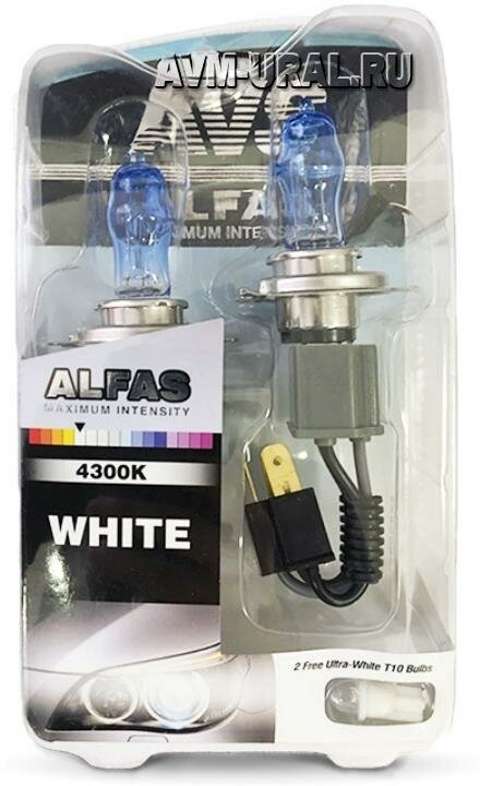 AVS A07235S Лампа галогенная H4 12V 75/80W "AVS" Alfas (Maximum Intensity 4300К +2 Т10) (2 шт.)