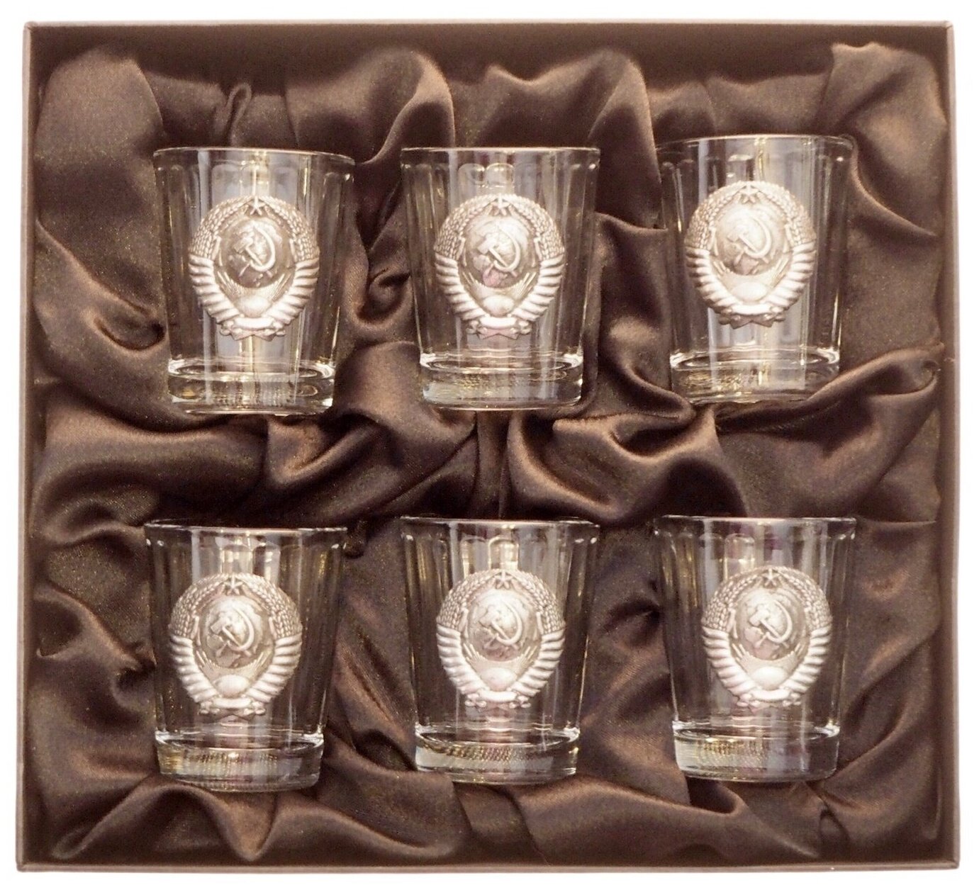 Подарочный набор 6 персон граненые стопки с накладкой "Герб СССР" в футляре