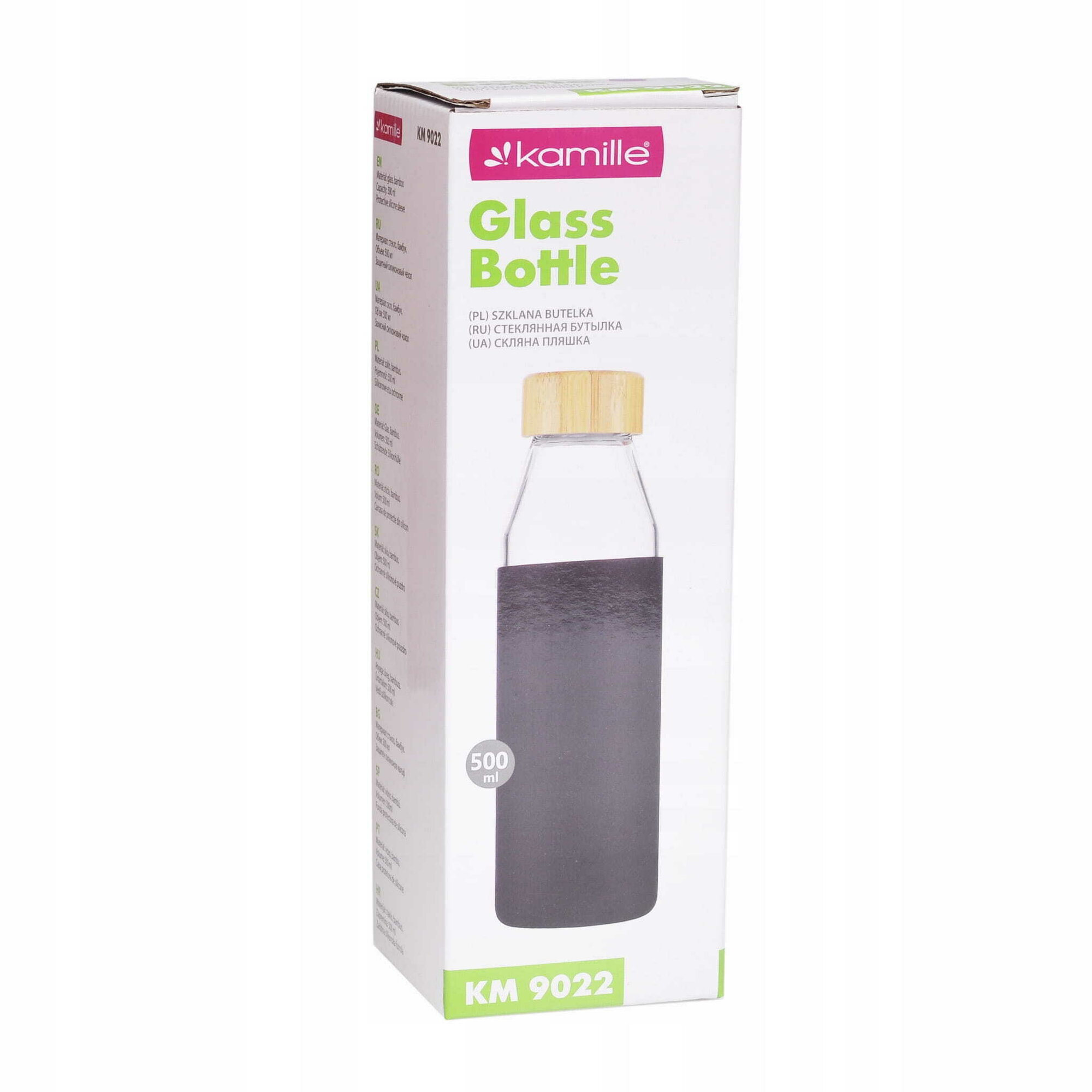 Бутылка для воды 500 мл. Kamille KM 9022 стеклянная в силиконовом чехле (9022 / 0,5 л. / черный)