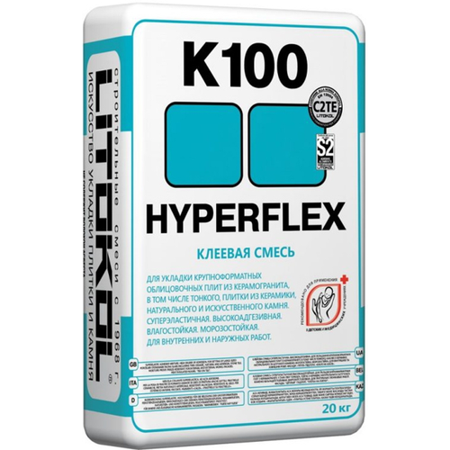 Litokol Клеевая смесь для плитки HYPERFLEX K100, серый, мешок 20 кг клей для плитки керамогранита камня litokol hyperflex k100 эластичный серый класс c2 te s2 20 кг