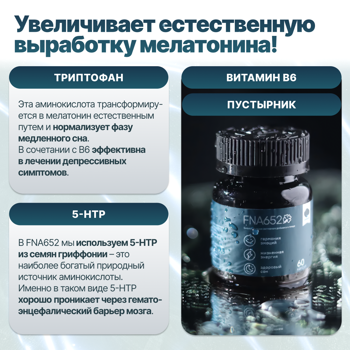 Картинки Антидепрессант успокоительное для взрослых FNA652, триптофан и 5 HTP / гидрокситриптофан, пустырник средство от бессонницы, снотворное для взрослых, 60 капсул