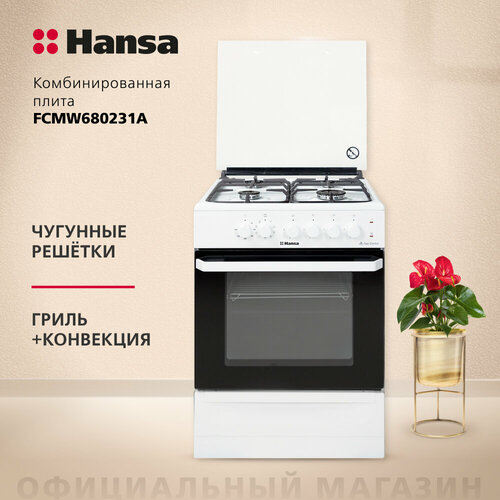 Плита комбинированная Hansa FCMW680231A, конфорок - 4 шт, духовка - 65 л, эмалированная сталь, чугун, электроподжиг, белый газовая плита hansa fcmw680231a