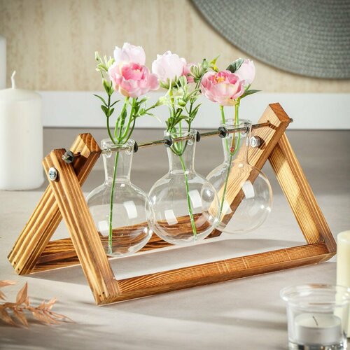 Ваза стекло настольная Y6-10001 26х16х6 см 3 колбы деревянная подставка 1721₽