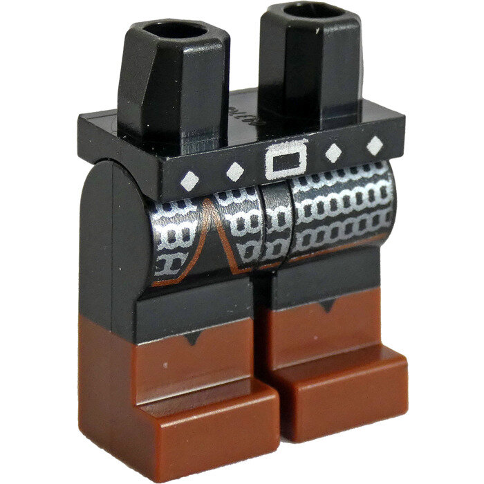 Hips and Legs with Molded Reddish Brown Lower Legs / Boots and Printed Silver Buckle, Belt Studs and Chain Mail Pattern, 970c00pb1709 Black N