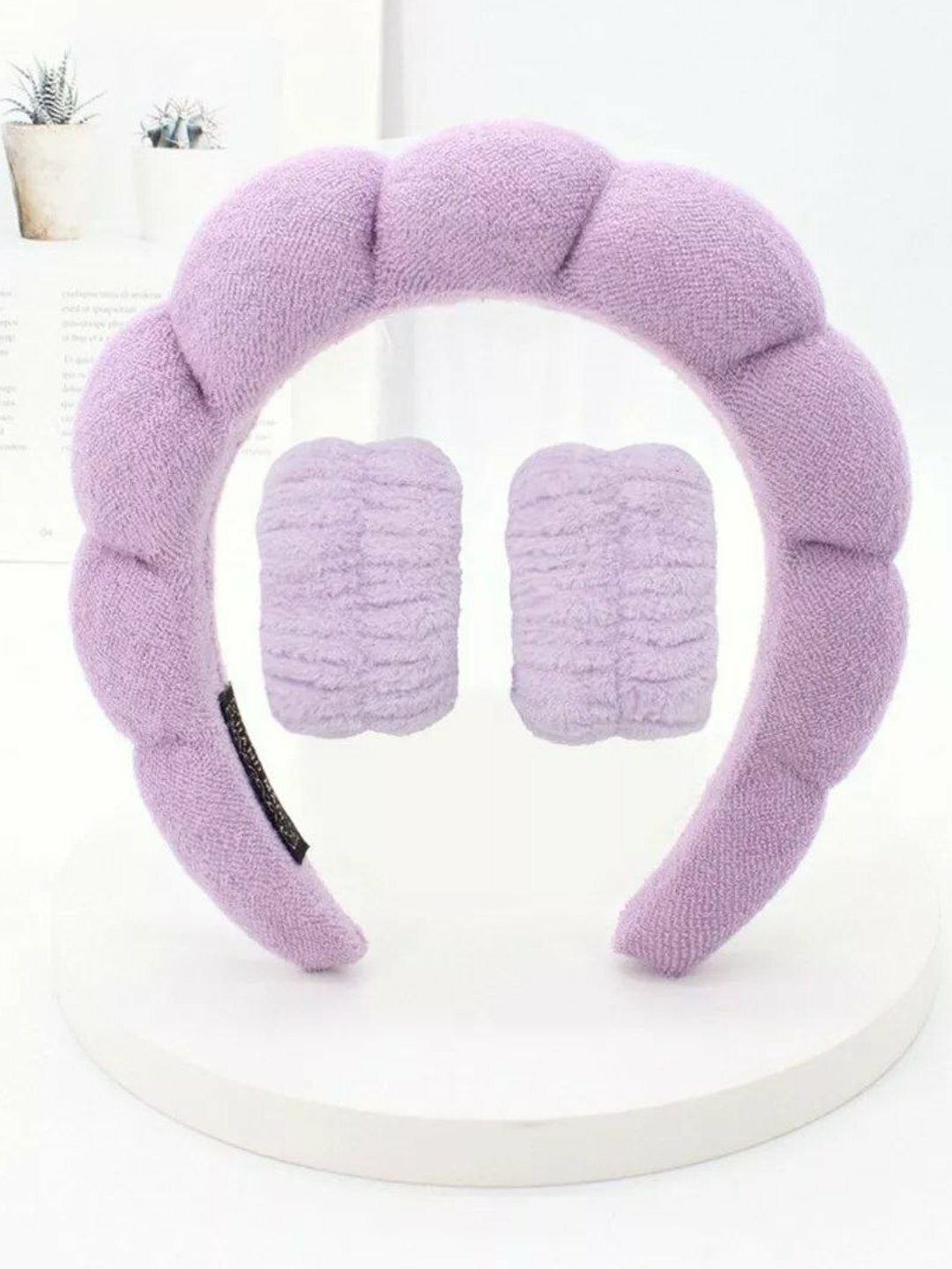 Ободок для умывания и макияжа с нарукавниками, набор 3 в 1, махровый, универсальный размер фиолетовый