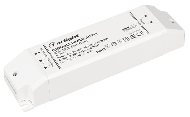 Блок питания ARV-SN24040-TRIAC (24V, 1.65A, 40W) (Arlight, IP20 Пластик, 3 года)