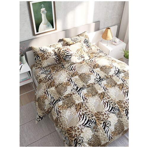 фото Постельное белье сказка "сафари" 2-спальный наволочка 50х70 см 2 шт простынь на резинке 160х200 см пододеяльник 175х215 см