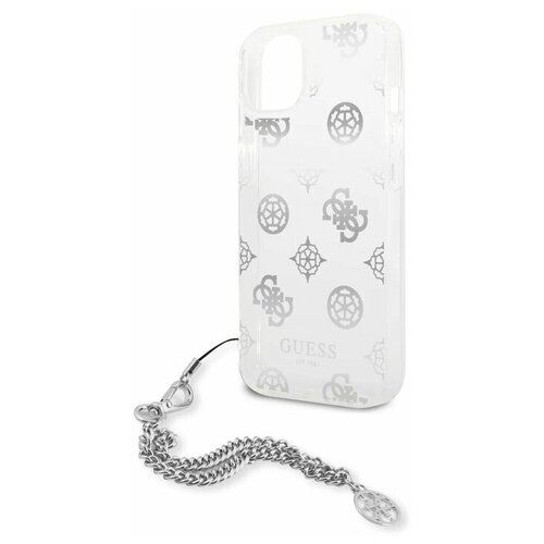 фото Guess для iphone 13 mini чехол pc/tpu peony hard tranp +siver hand chain