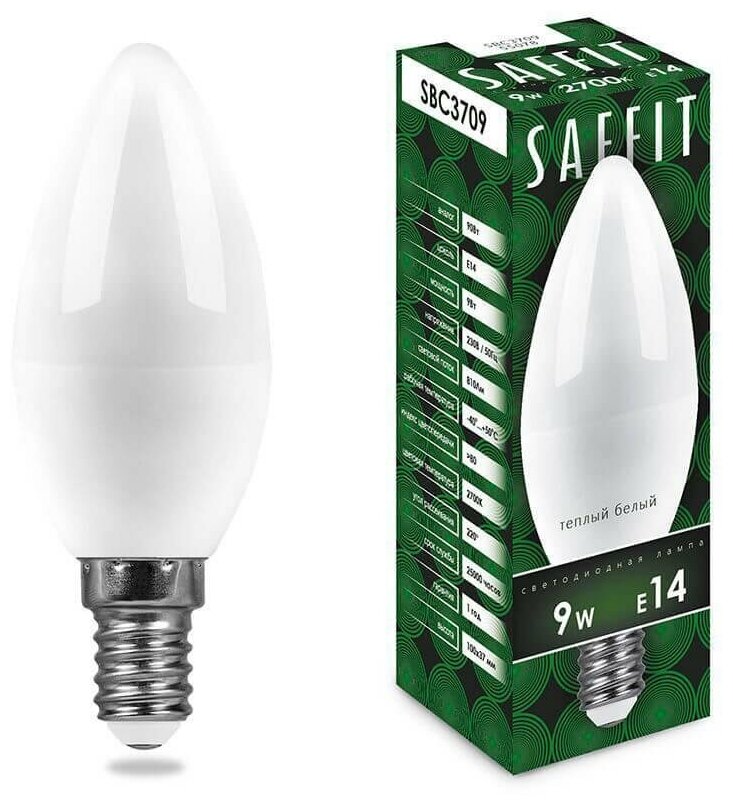 Saffit (10 шт.) Лампа светодиодная Saffit E14 9W 2700K Свеча Матовая SBC3709 55078