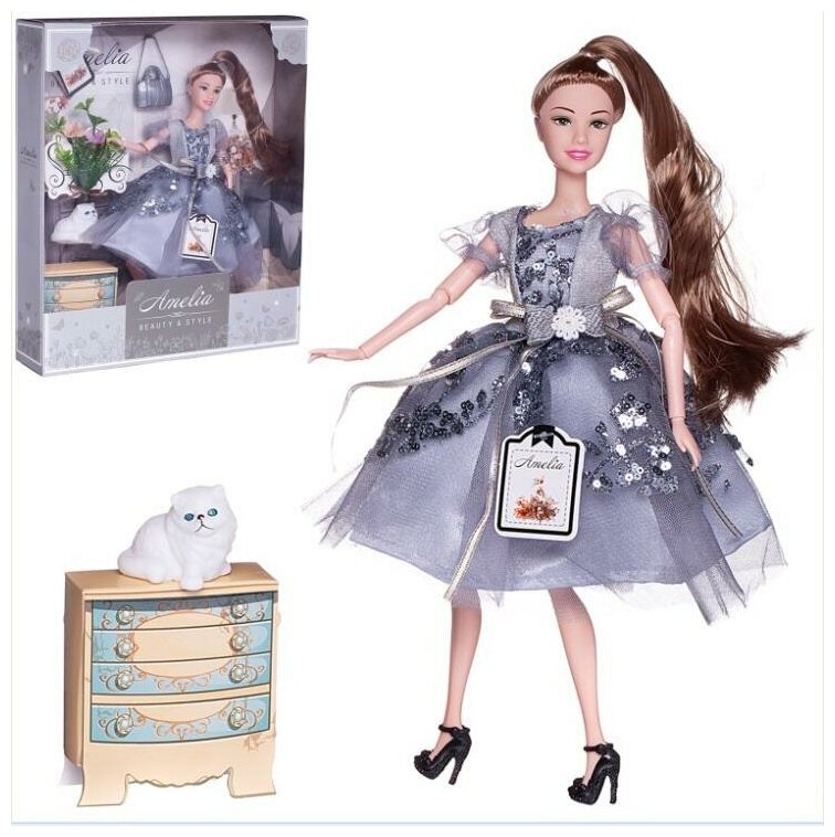 Кукла ABtoys "Роскошь серебра" с котенком, платье с пайетками с прозрачными рукавами фонариками, русые волосы 30см PT-01631