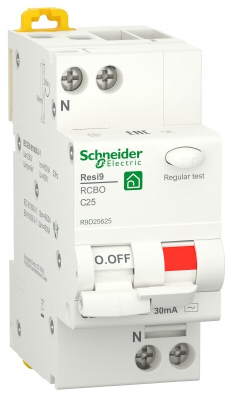 Автоматический выключатель дифференциального тока (АВДТ) Schneider Electric Resi9 25A 30mA тип AC кривая отключения C 2 полюса 6kA электро-меха