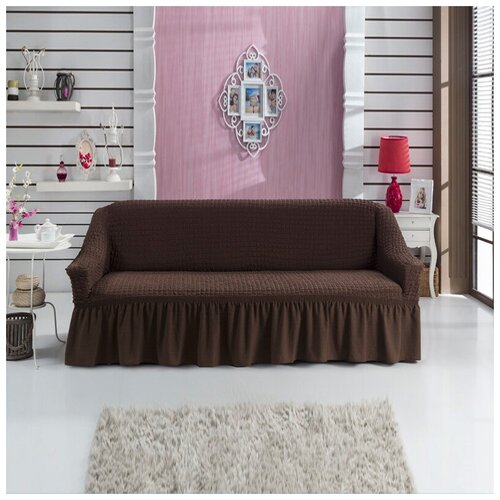 фото Чехол на трехместный диван универсальный на резинке с юбкой турция - коричневый karteks