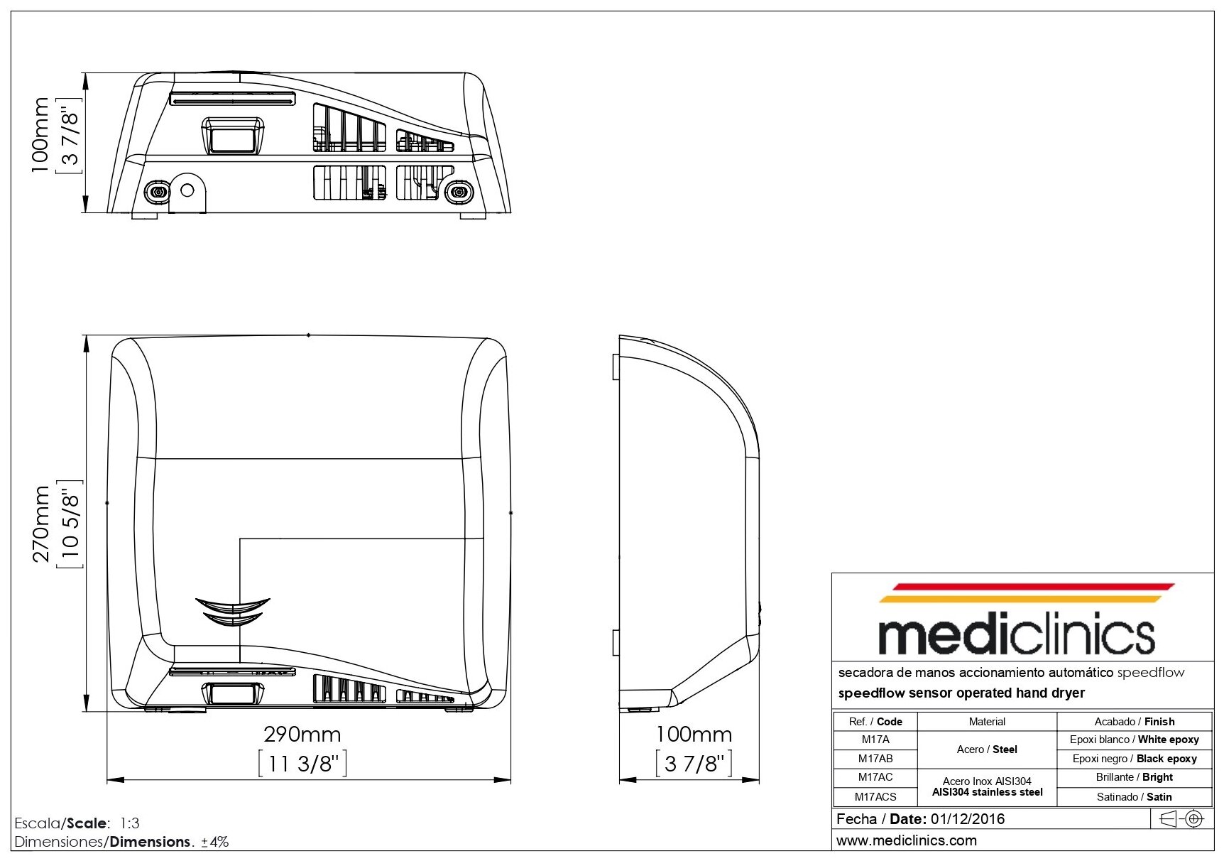 Сушилка для рук Mediclinics Speedflow plus M17ACS, автоматическая, высокоскоростная, из нержавейщей стали AISI 304, поверхность: матовая - фотография № 2