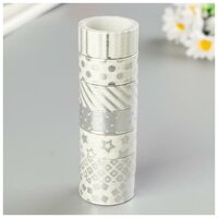 Клейкие WASHI-ленты для декора с фольгой серебристые,15 мм х 3 м (набор 7 шт) рисовая бумага 5132688
