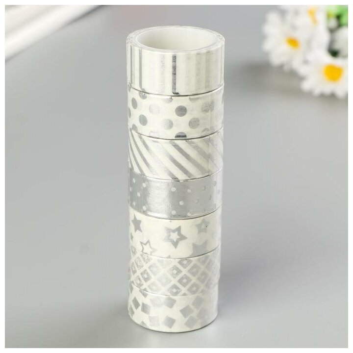 Клейкие WASHI-ленты для декора с фольгой серебристые,15 мм х 3 м (набор 7 шт) рисовая бумага 5132688