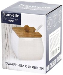 Сахарница с ложкой Nouvelle Home / Нувель Хоум Naturel 2632027 фарфор/бамбук, белый, 320мл, 80х80х75мм / аксессуары для кухни / столовая посуда