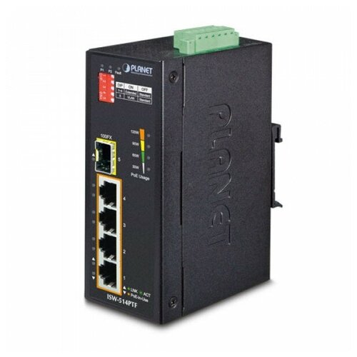 Промышленный PoE коммутатор PLANET ISW-514PTF 4-портовый 10 / 100TX 802.3at PoE + плюс 1-портовый коммутатор 100FX Ethernet