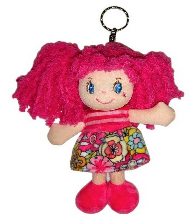 Кукла мягконабивная ABtoys с розовыми волосами в розовом платье, на брелке, 15 см (M6009)