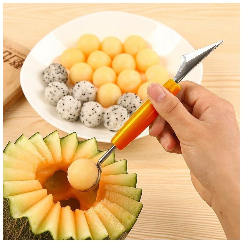 Нож и ложка нуазетка для карвинга и фигурной нарезки фруктов и овощей, оранжевый
