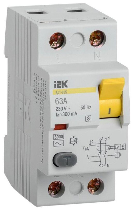 Выключатель дифференциального тока (УЗО) 2п 63А 300мА тип ACS ВД1-63S, IEK MDV12-2-063-300 (1 шт.)