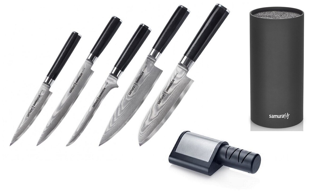 SD-0250КРЧПЭТ набор из 5-ТИ ножей SAMURA DAMASCUS универсальный, слайсер, обвалочный, ШЕФ, сантоку, подставка из пластика И дисковая электроточилка