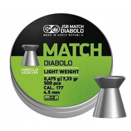 пули jsb match premium light серебристый 200 шт Пули для пневматики JSB Green Match Diabolo 4,5мм 0,475г (500шт)