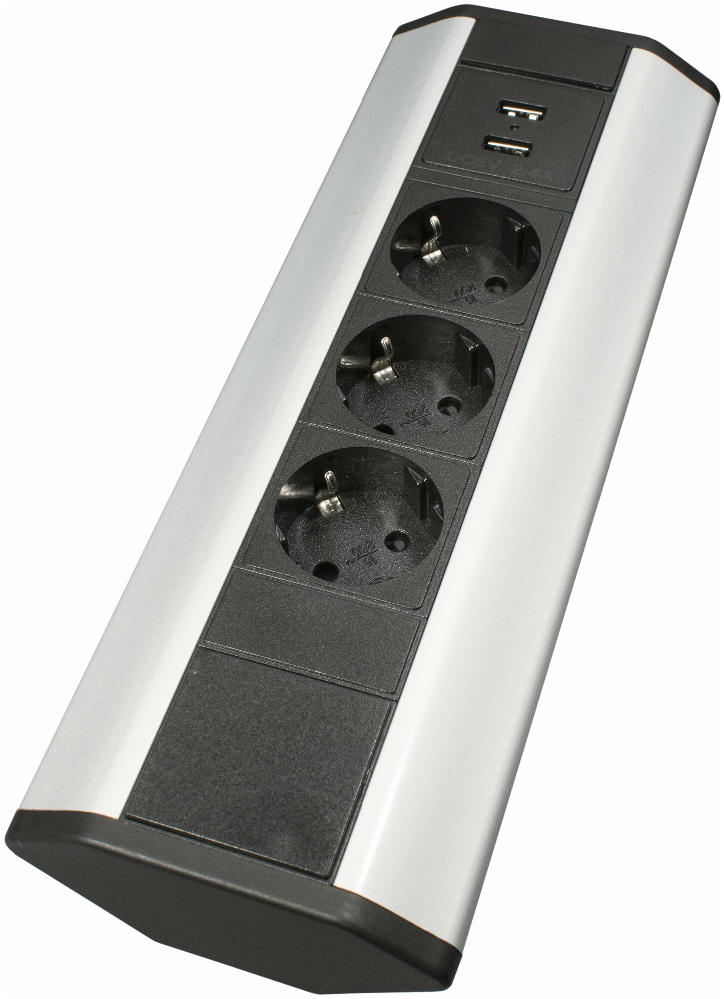 фото Блок розеток горизонтальный угловой/розетка угловая TRINGLE-U, 3EURO+2USB, серебристый