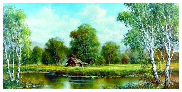 Постер на холсте Озеро в лесу (The lake in the woods) №3 61см. x 30см.