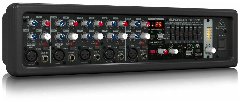 Behringer PMP550M микшер-усилитель 500Вт•4Ом, 5 мик./лин.- каналов, процессор KLARK TEKNIK, FBQ анти