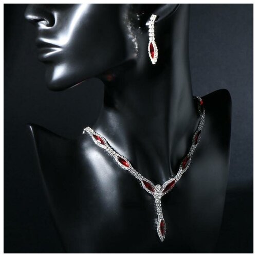фото Комплект бижутерии queen fair: колье, серьги, подвеска, бижутерный сплав, серебрение, бордовый, серебряный