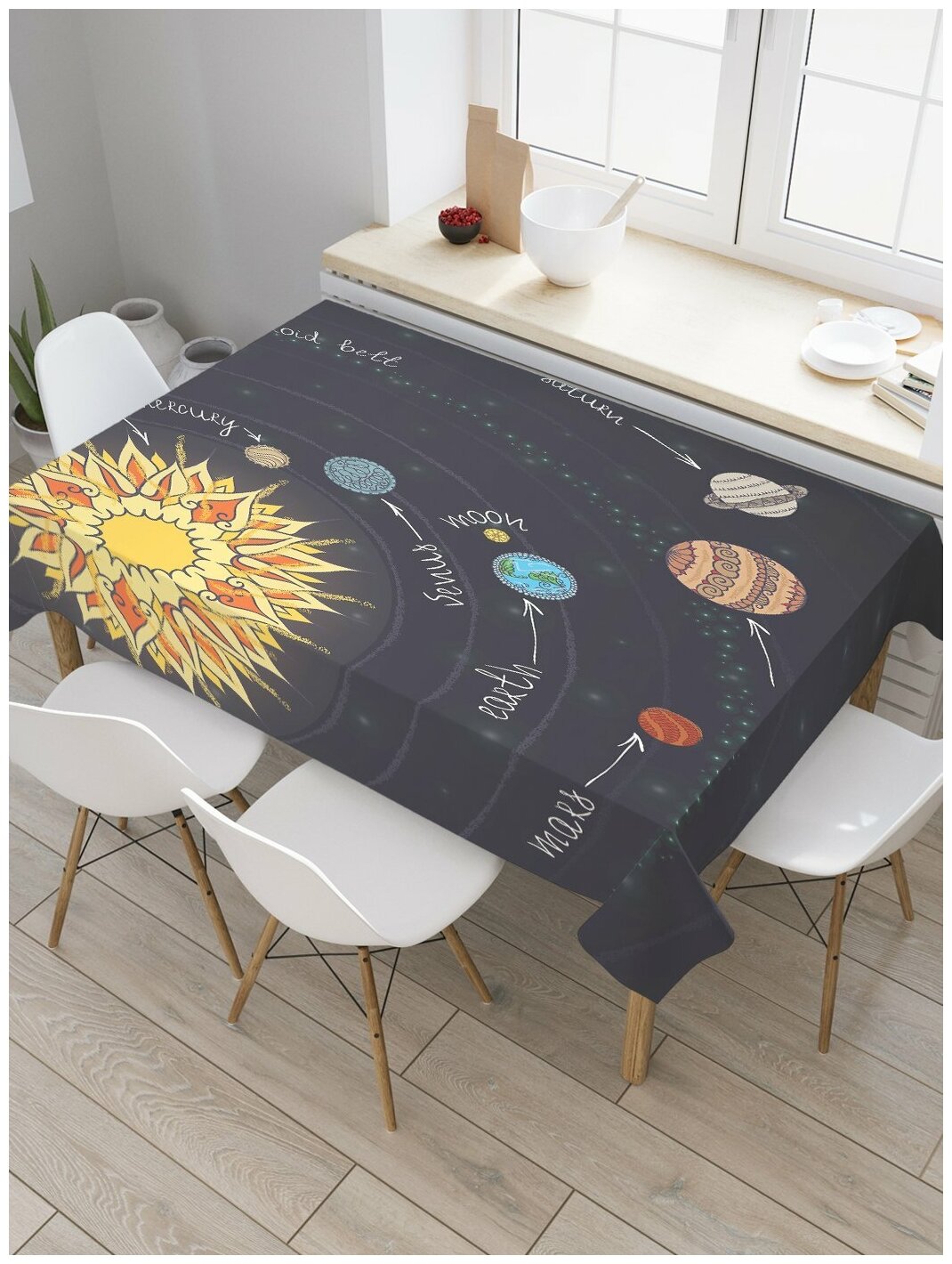 Скатерть прямоугольная JoyArty на кухонный стол "Карта Солнечной системы" из оксфорда, 180x145 см