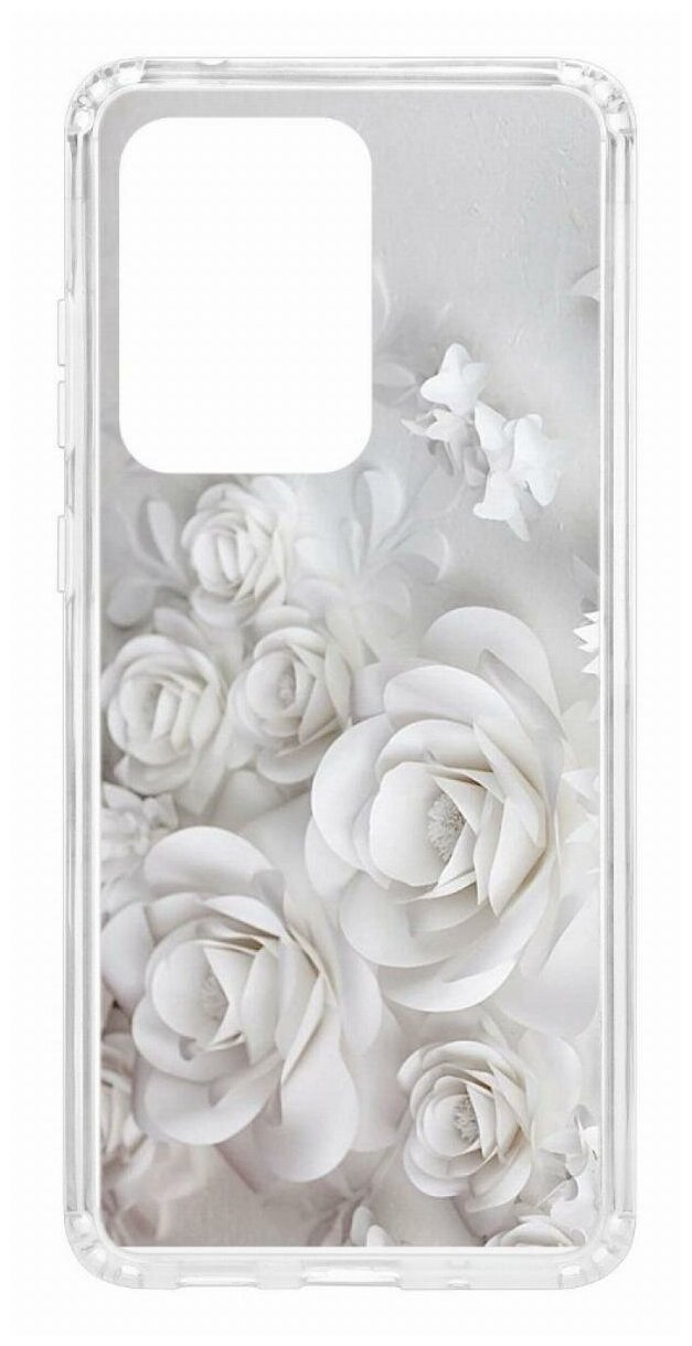 Чехол для Samsung Galaxy S20 Ultra Kruche Print White roses, пластиковая накладка, силиконовый бампер с защитой камеры, защитный прозрачный с рисунком