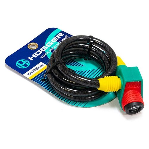 Замок противоугонный HOGGER, стальной трос, 10х1000мм, с ключами, в пластиковой оболочке, черный