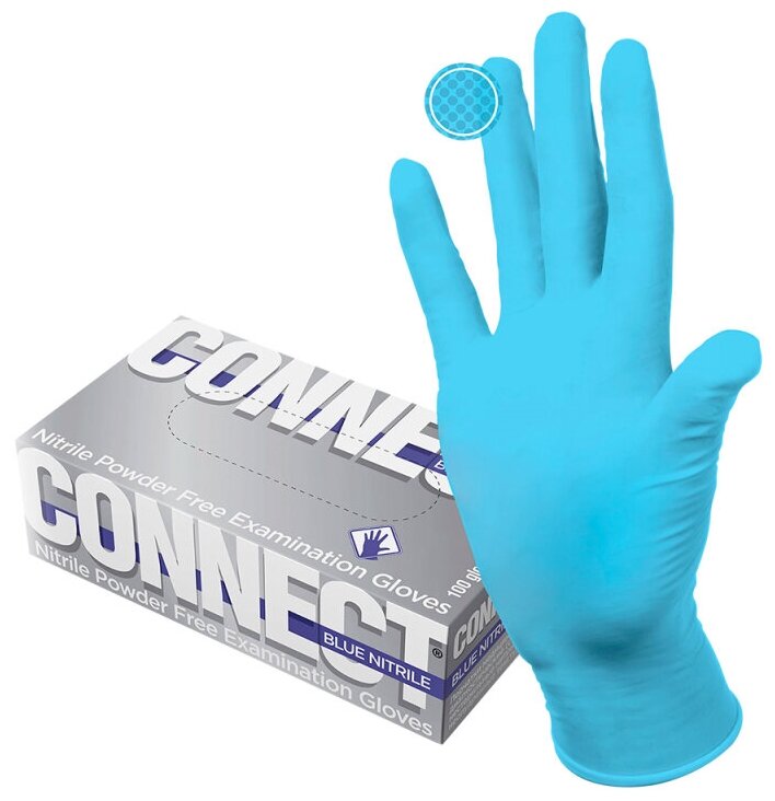 Перчатки нитриловые CONNECT BLUE NITRILE голубые L (50пар/уп)