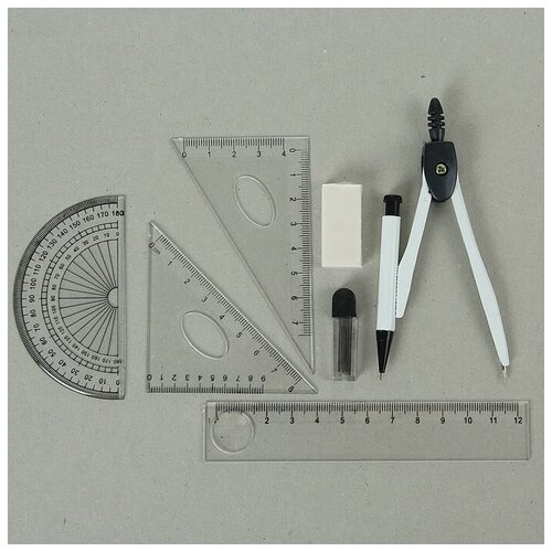 --- Циркуль металлический в пластиковом пенале 120 мм, с механическим карандашом, грифелями, ластиком, линейкой, 2 треугольниками и транспортиром