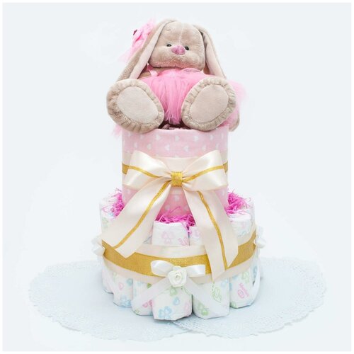 Тортик из японских памперсов для новорожденной девочки "Очарование" с мягкой игрушкой Зайка Ми , двухъярусный